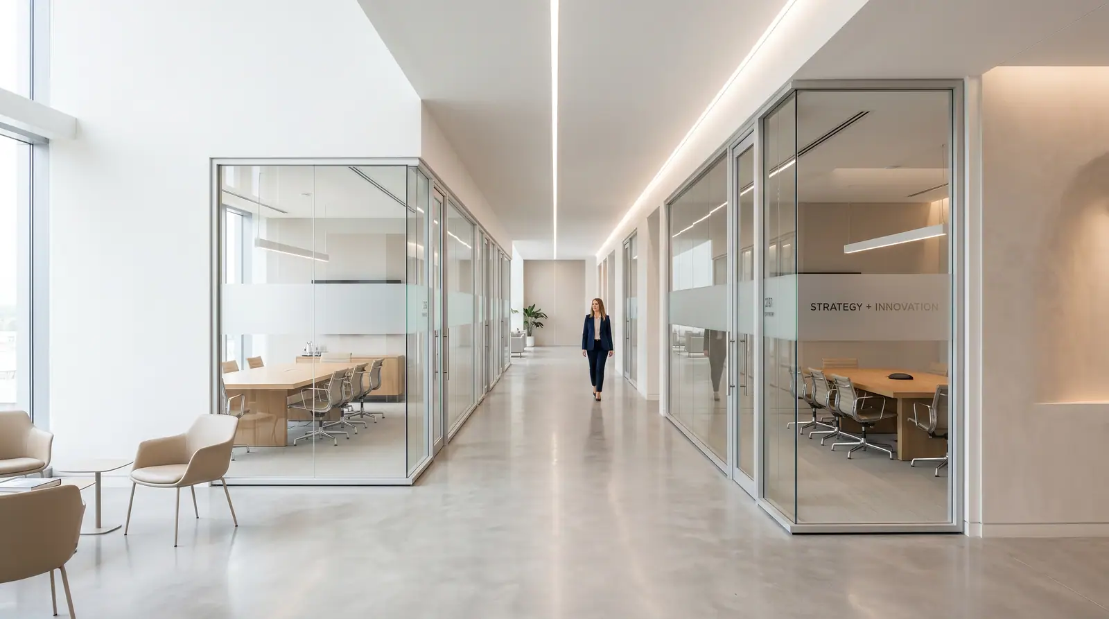 Modern office corridor representing Grey Area Consulting's cross-border advisory journey